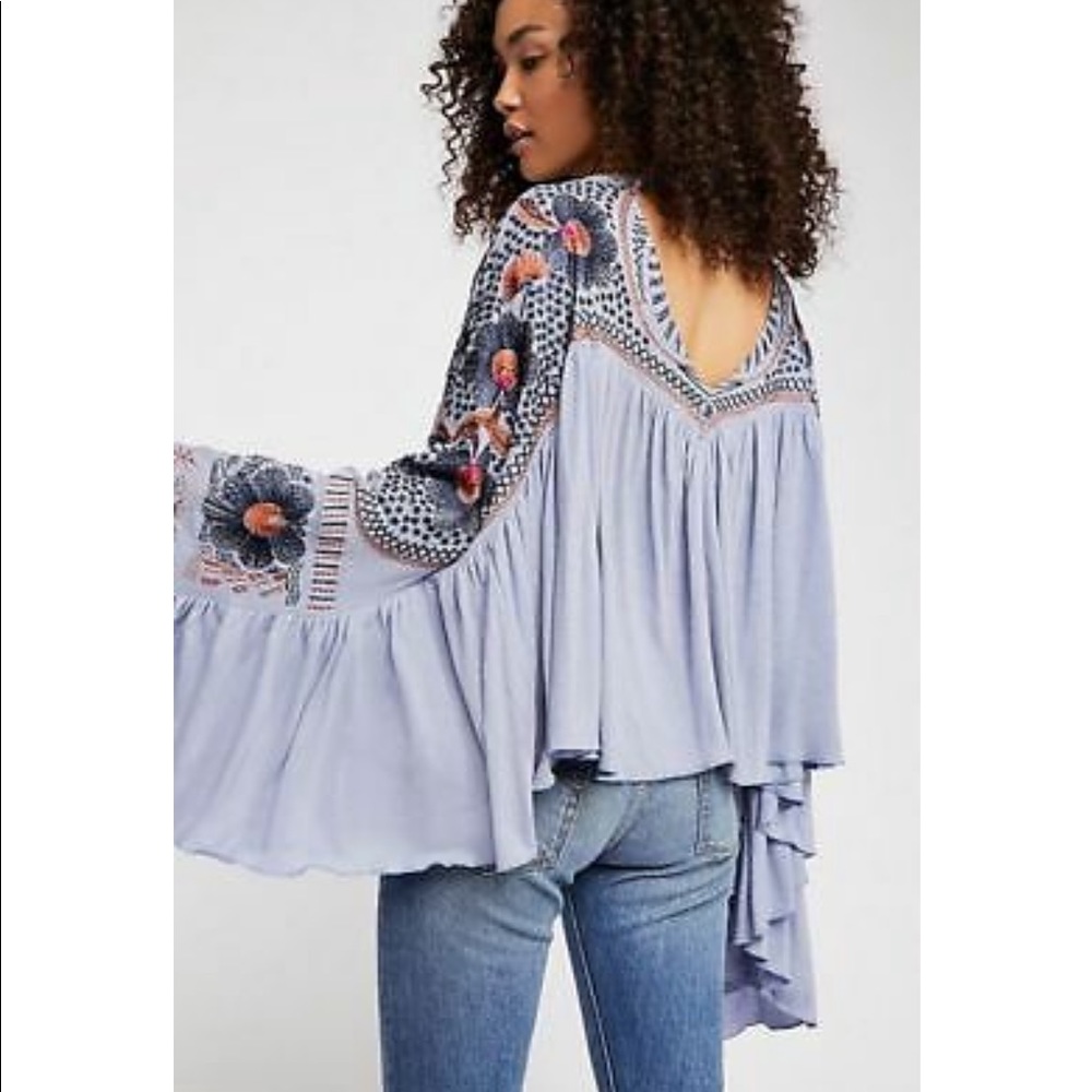 free people medium Delhi Moon boho Embroidered linen top lilac foggy periwinkle